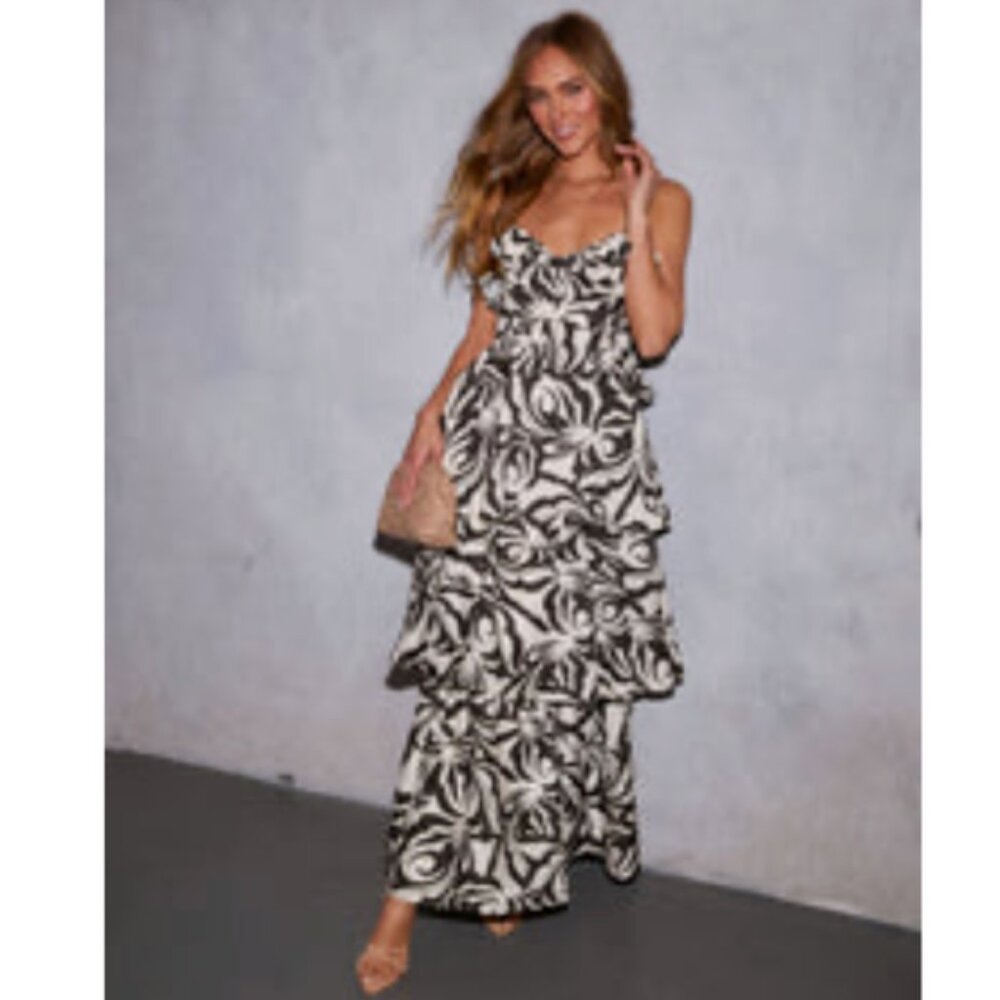 Flying Tomato Size S Maxi Blk/White Tiered Adjustable Strap Lined Dress New